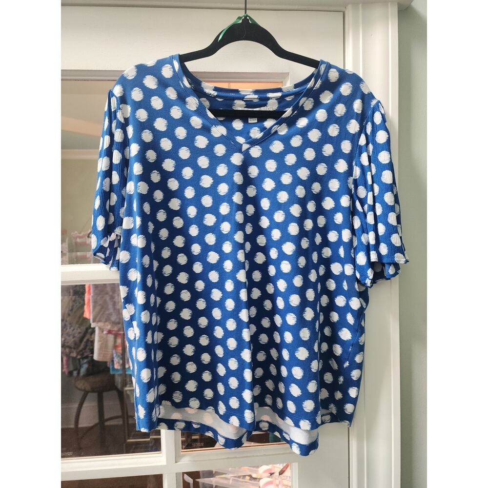 Chico's Size 3 Royal Blue and White Pattern Flutter Sleeve Top